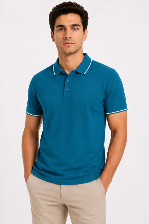 Rare Mode Men’s 280 GSM Bio-Washed Cotton Polo T-Shirt in Teal Blue front view