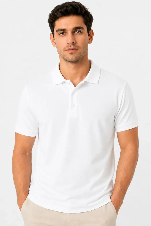 Rare Mode Men’s 280 GSM Bio-Washed Cotton Polo T-Shirt in plain White front view
