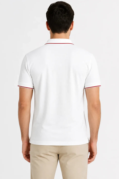 Rare Mode Men’s 280 GSM Bio-Washed Cotton Polo T-Shirt in White with Red Tipping back view