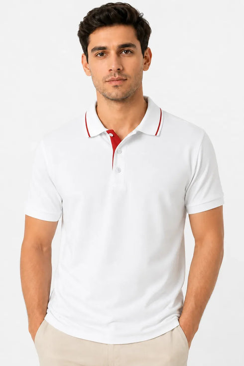 Rare Mode Men’s 280 GSM Bio-Washed Cotton Polo T-Shirt in White with Red Tipping front view