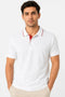 Rare Mode Men’s 280 GSM Bio-Washed Cotton Polo T-Shirt in White with Red Tipping front view