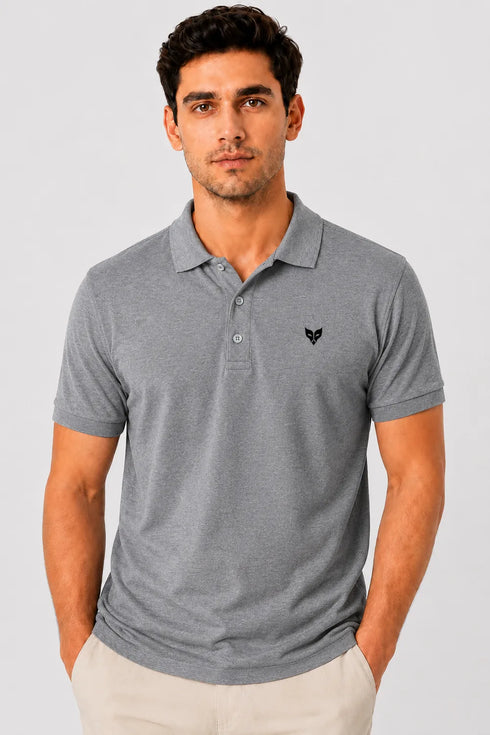 Rare Mode men’s Grey Melange 240 GSM bio-washed cotton polo t-shirt front view with small chest logo