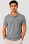 Rare Mode men’s Grey Melange 240 GSM bio-washed cotton polo t-shirt front view with small chest logo