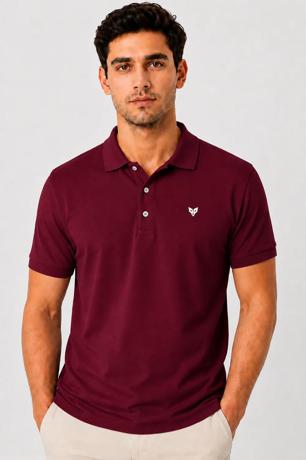 Rare Mode men’s Maroon 240 GSM bio-washed cotton polo t-shirt front view with small chest logo