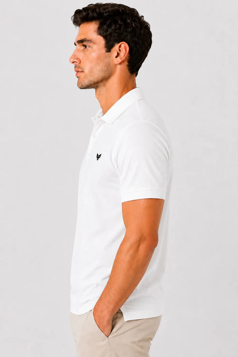 Rare Mode men’s Maroon 240 GSM bio-washed cotton polo t-shirt side view with small chest logo