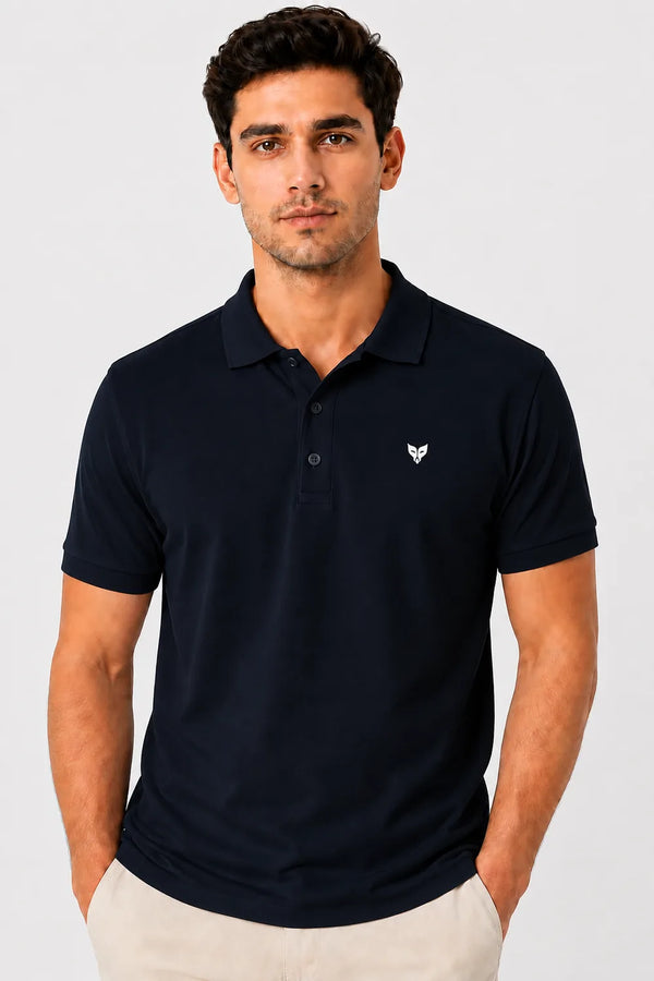 Rare Mode men’s Navy 240 GSM bio-washed cotton polo t-shirt front view with small chest logo