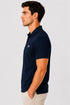 Rare Mode men’s Navy 240 GSM bio-washed cotton polo t-shirt side view with small chest logo