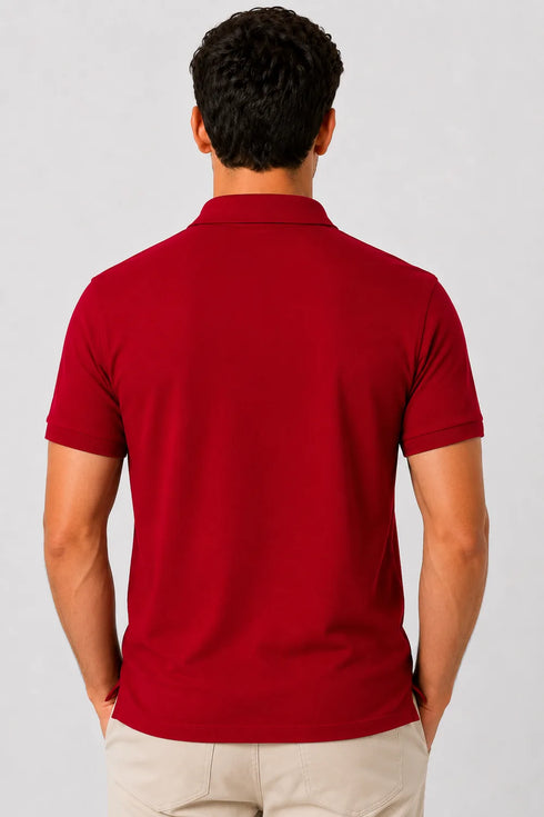 Rare Mode men’s Red 240 GSM bio-washed cotton polo t-shirt back view with small chest logo