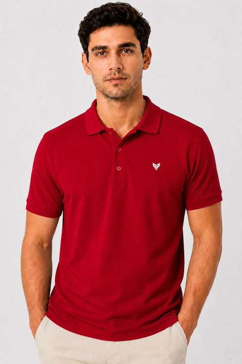 Rare Mode men’s Red 240 GSM bio-washed cotton polo t-shirt front view with small chest logo