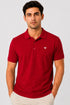 Rare Mode men’s Red 240 GSM bio-washed cotton polo t-shirt front view with small chest logo