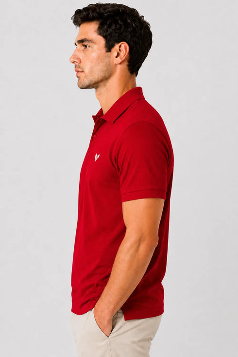 Rare Mode men’s Red 240 GSM bio-washed cotton polo t-shirt side view with small chest logo