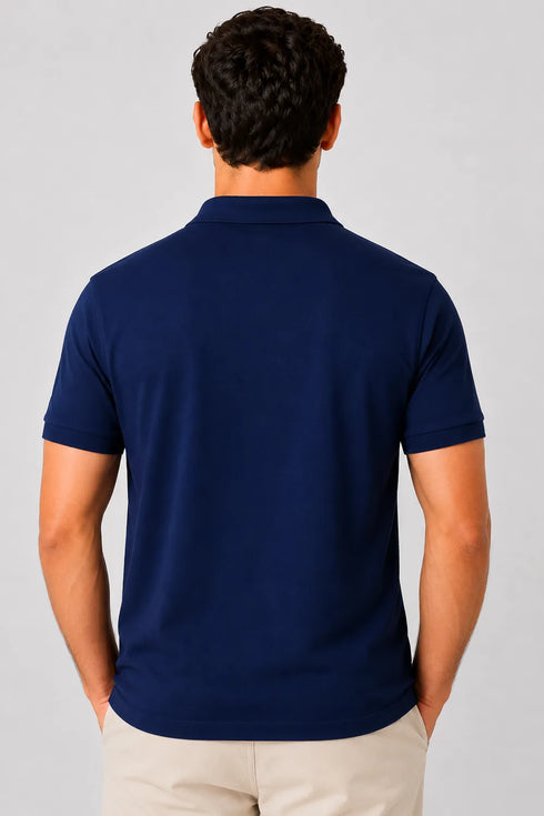 Rare Mode men’s Royal Blue 240 GSM bio-washed cotton polo t-shirt back view with small chest logo