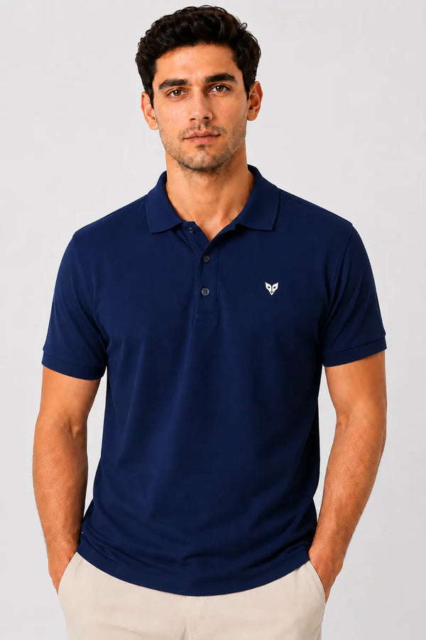Rare Mode men’s Royal Blue 240 GSM bio-washed cotton polo t-shirt front view with small chest logo