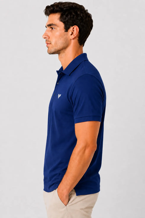Rare Mode men’s Royal Blue 240 GSM bio-washed cotton polo t-shirt side view with small chest logo