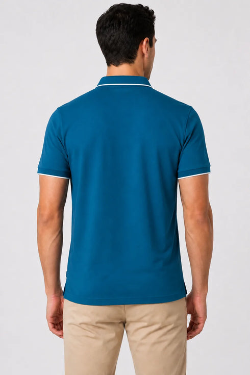 Rare Mode men’s White 240 GSM bio-washed cotton polo t-shirt back view with small chest logo