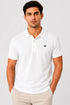 Rare Mode men’s White 240 GSM bio-washed cotton polo t-shirt front view with small chest logo