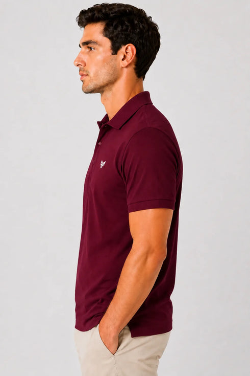 Rare Mode men’s White 240 GSM bio-washed cotton polo t-shirt side view with small chest logo