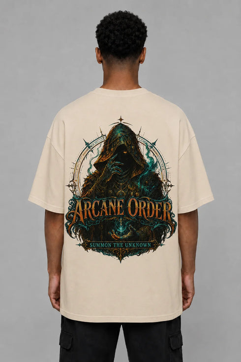 Premium Men Oversized T-Shirt - Arcane Order in Beige - back view