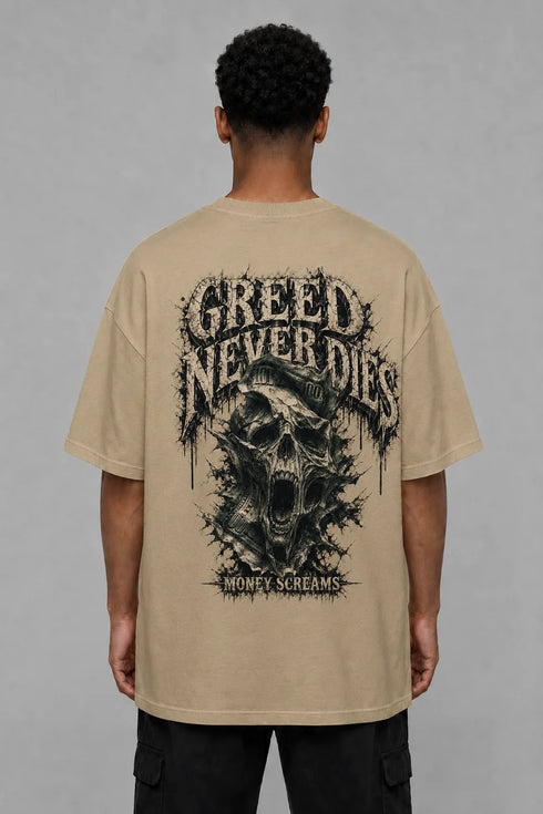 Premium Men Oversized T-Shirt - Greed Never Dies in Beige - back view