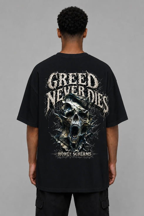 Premium Men Oversized T-Shirt - Greed Never Dies in Black - back view