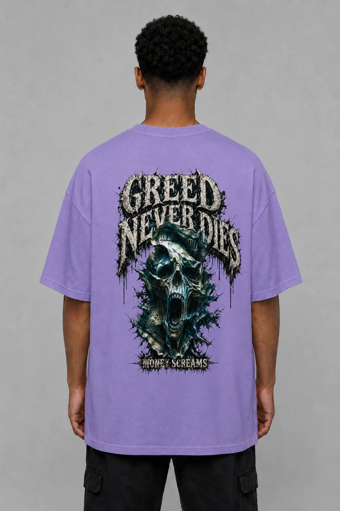 Premium Men Oversized T-Shirt - Greed Never Dies in Purple - back view