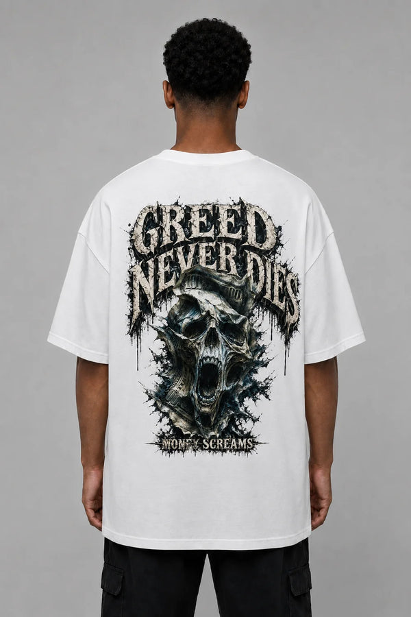 Premium Men Oversized T-Shirt - Greed Never Dies in White - back view