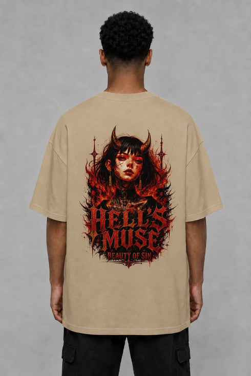 Premium Men Oversized T-Shirt - Hell’s Muse in Beige - back view