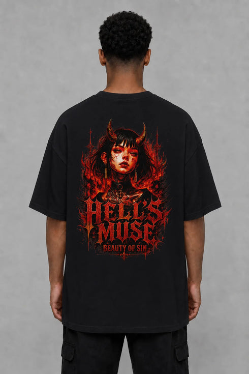 Premium Men Oversized T-Shirt - Hell’s Muse in Black - back view