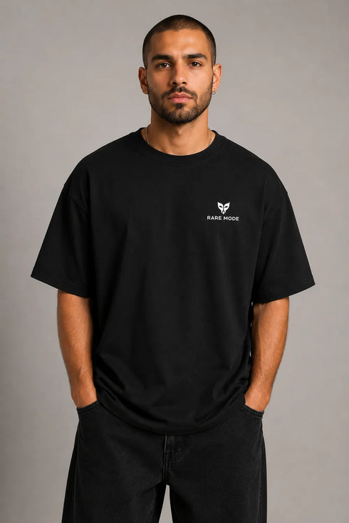 Sacrifice Angel Premium Men Oversized T-Shirt black front view with small Rare Mode chest logo