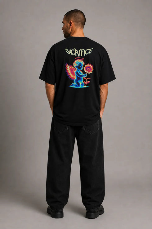 Sacrifice Angel Premium Men Oversized T-Shirt black full back view with Sacrifice angel graphic