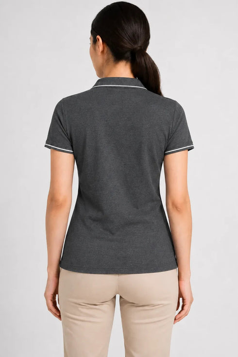 Women's 280 GSM Bio-Washed Cotton Polo T-Shirt - Charcoal / White Border back view