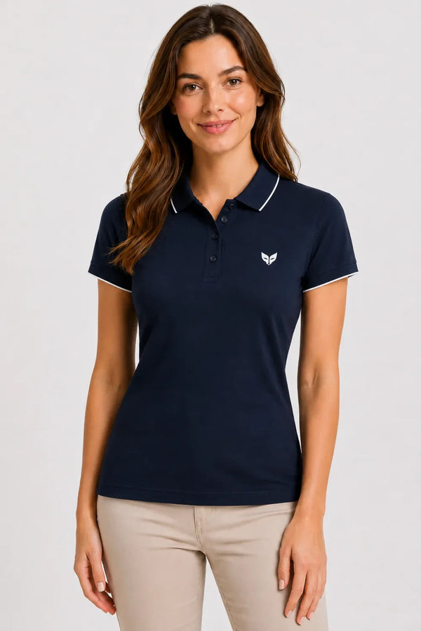 Women's 280 GSM Bio-Washed Cotton Polo T-Shirt - Dark Navy / White Border front view