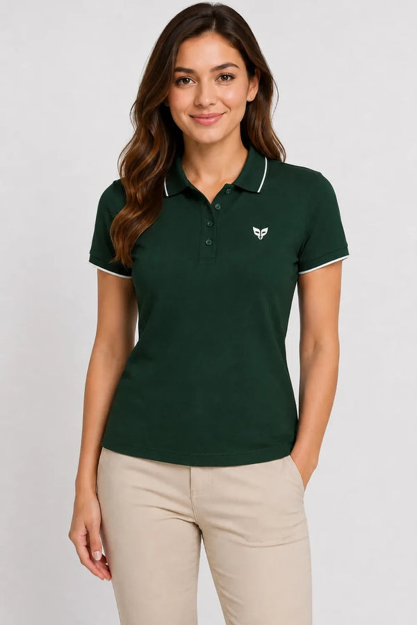 Women's 280 GSM Bio-Washed Cotton Polo T-Shirt - Forest Green / White Border front view