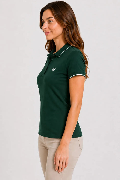 Women's 280 GSM Bio-Washed Cotton Polo T-Shirt - Forest Green / White Border side view