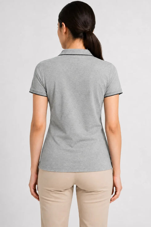 Women's 280 GSM Bio-Washed Cotton Polo T-Shirt - Heather Gray / Black Border back view