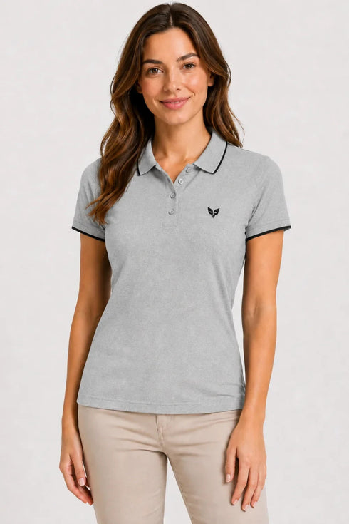 Women's 280 GSM Bio-Washed Cotton Polo T-Shirt - Heather Gray / Black Border front view