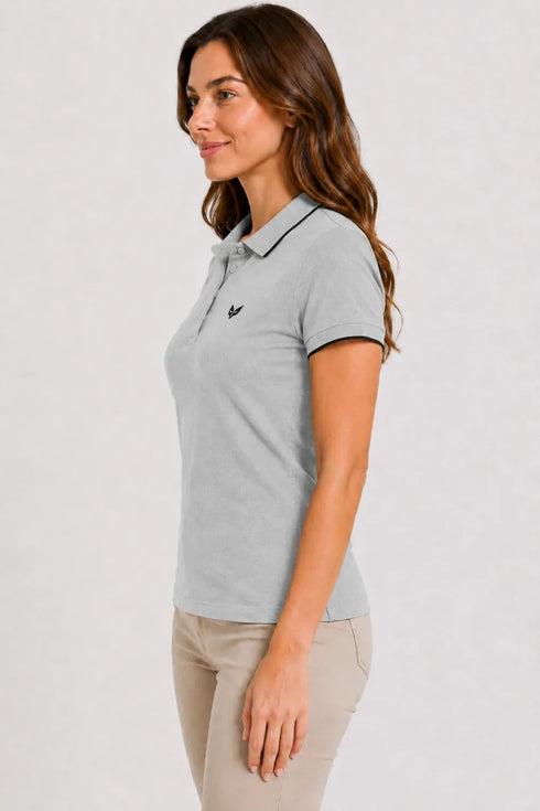 Women's 280 GSM Bio-Washed Cotton Polo T-Shirt - Heather Gray / Black Border side view