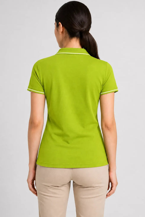 Women's 280 GSM Bio-Washed Cotton Polo T-Shirt - Lime Green / White Border back view