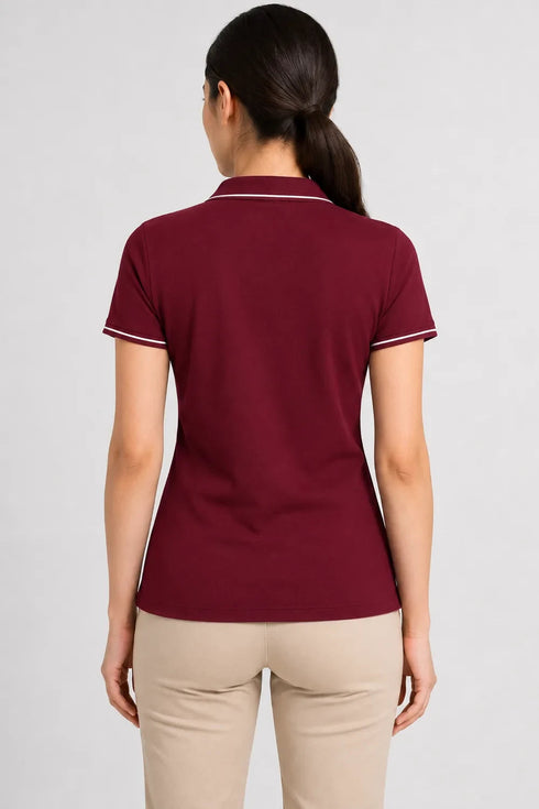 Women's 280 GSM Bio-Washed Cotton Polo T-Shirt - Maroon / White Border back view