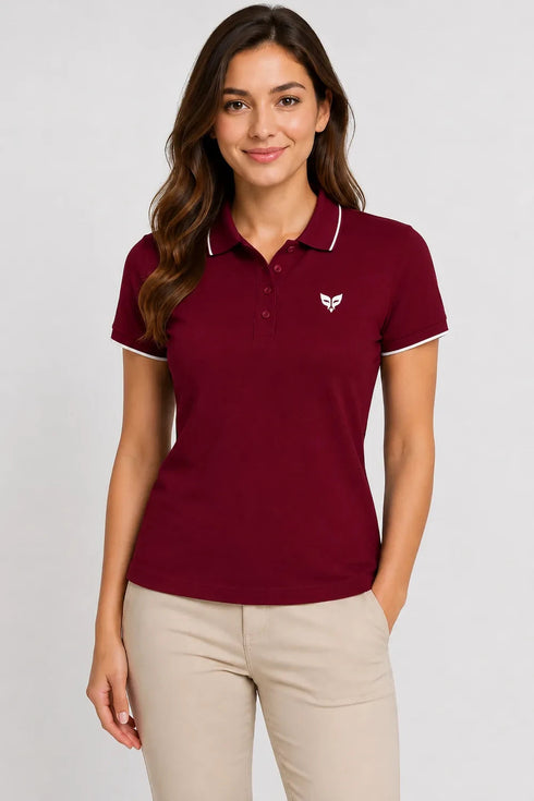 Women's 280 GSM Bio-Washed Cotton Polo T-Shirt - Maroon / White Border front view