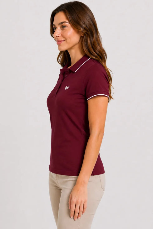 Women's 280 GSM Bio-Washed Cotton Polo T-Shirt - Maroon / White Border side view