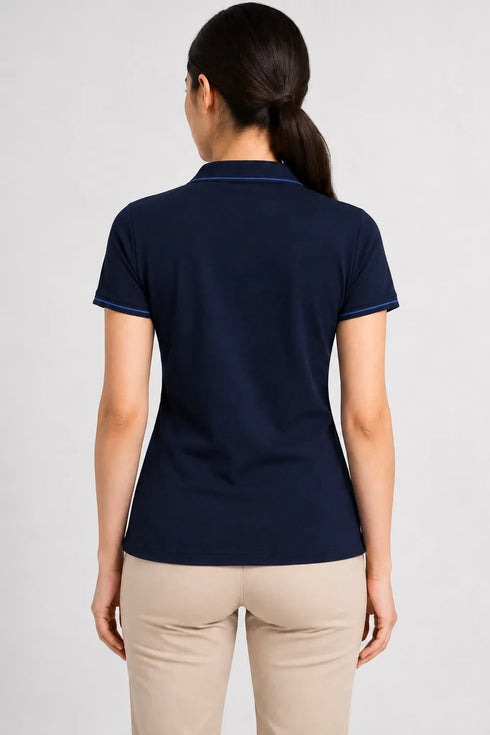 Women's 280 GSM Bio-Washed Cotton Polo T-Shirt - Navy / Tonal Blue Border back view