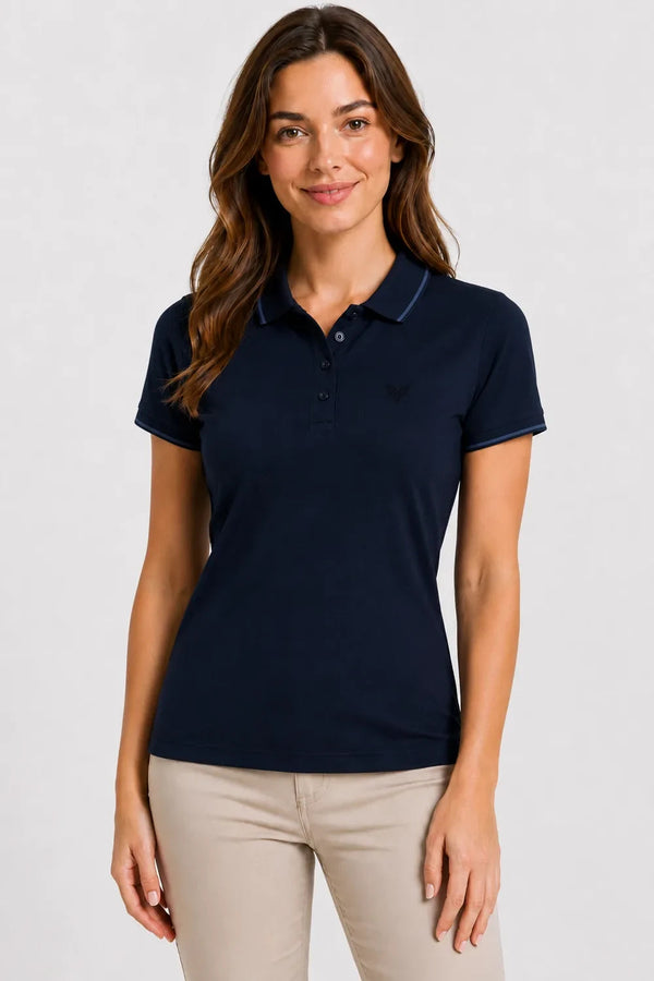 Women's 280 GSM Bio-Washed Cotton Polo T-Shirt - Navy / Tonal Blue Border front view