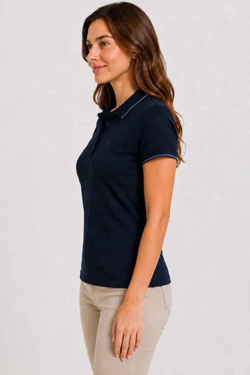 Women's 280 GSM Bio-Washed Cotton Polo T-Shirt - Navy / Tonal Blue Border side view