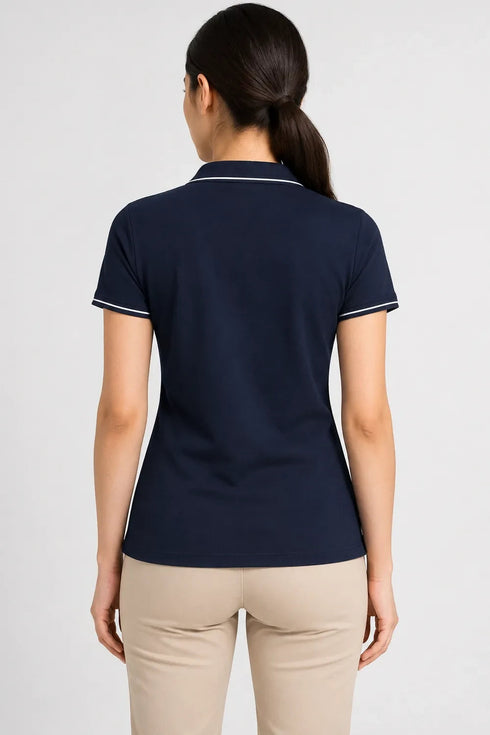 Women's 280 GSM Bio-Washed Cotton Polo T-Shirt - Navy / White Border back view