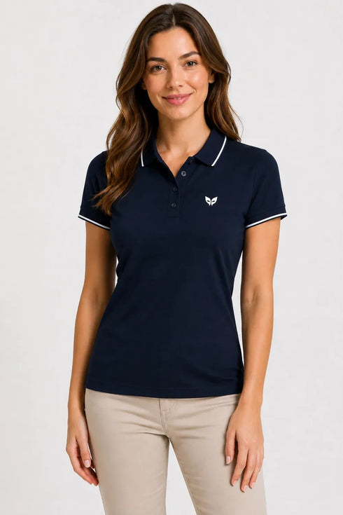 Women's 280 GSM Bio-Washed Cotton Polo T-Shirt - Navy / White Border front view