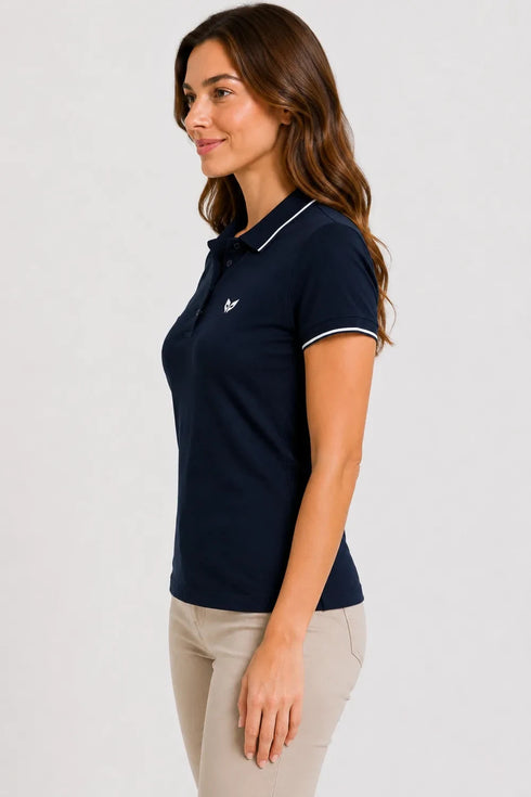 Women's 280 GSM Bio-Washed Cotton Polo T-Shirt - Navy / White Border side view