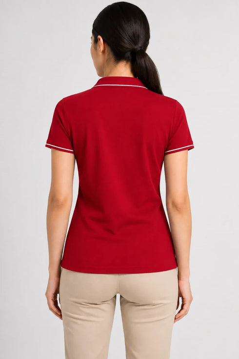 Women's 280 GSM Bio-Washed Cotton Polo T-Shirt - Red / White Border back view