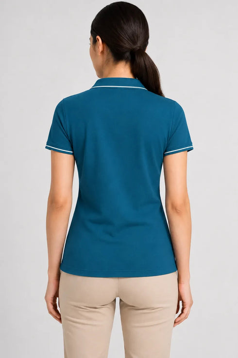 Women's 280 GSM Bio-Washed Cotton Polo T-Shirt - Teal / White Border back view