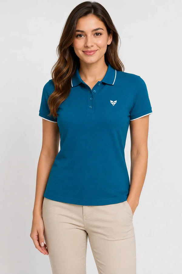 Women's 280 GSM Bio-Washed Cotton Polo T-Shirt - Teal / White Border front view